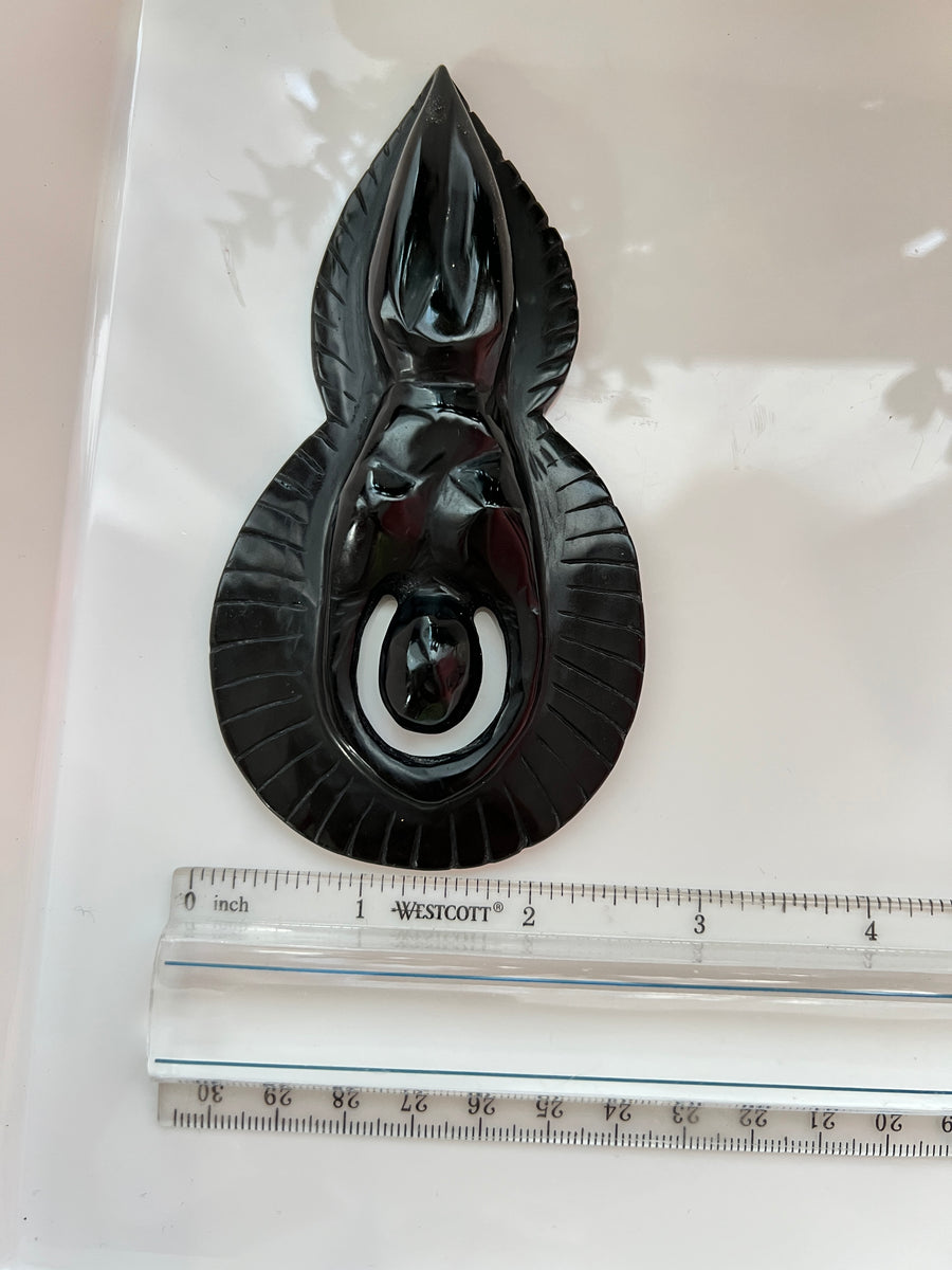 Large Crystal Goddess in Black Obsidian, Aura, Angel, Aztec, Mayan, Moon Goddess Carving