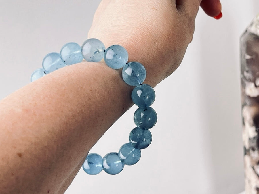 Aquamarine Stunning Quality 14 mm XL Natural Crystal Bracelet, Stretchy, EXACT Item as Pictured