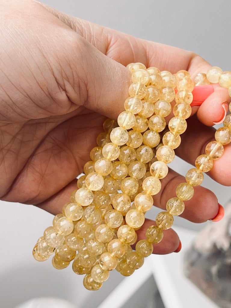 Citrine 7 mm Lemon Citrine Natural Crystal Bracelet, Stretchy, Small Beads