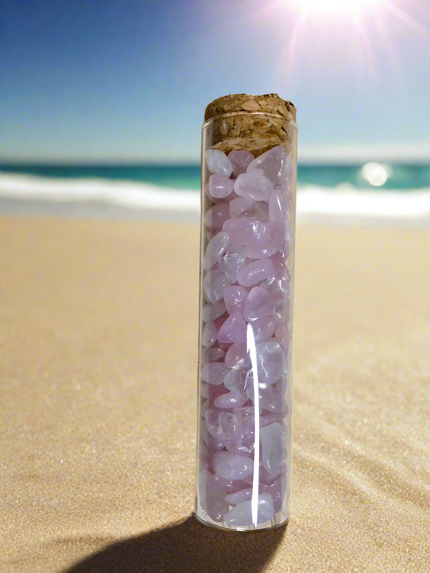 Rose Quartz Chips Gift Jar in Glass Vial with Cork Top, XL, 100 grams of Crystals
