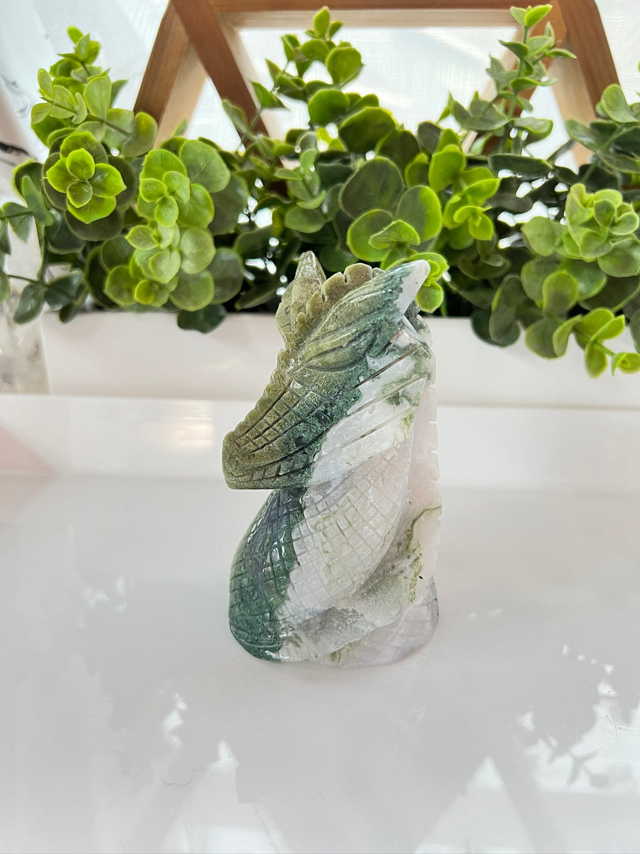 Moss Agate Dragon Bust with Quartz, Crystal Dragon Head