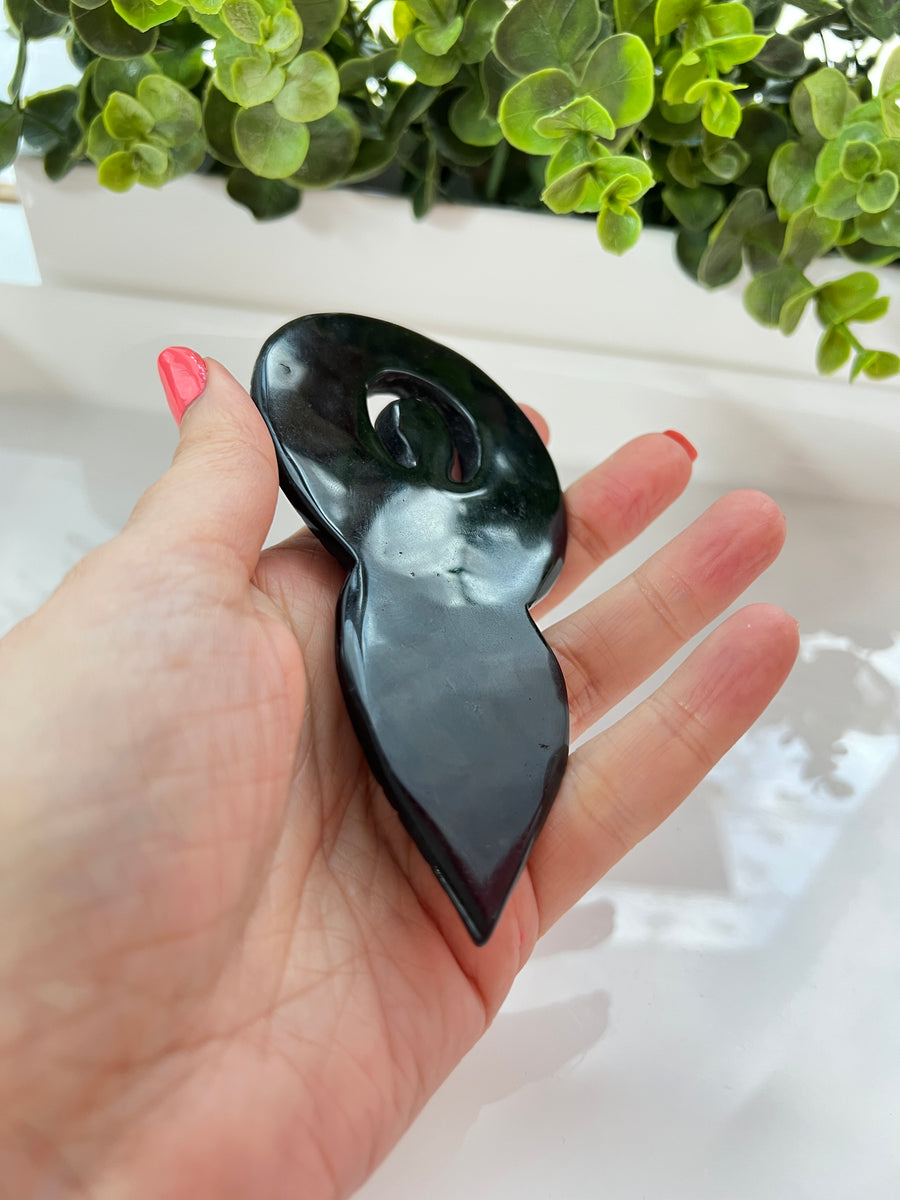 Large Crystal Goddess in Black Obsidian, Aura, Angel, Aztec, Mayan, Moon Goddess Carving