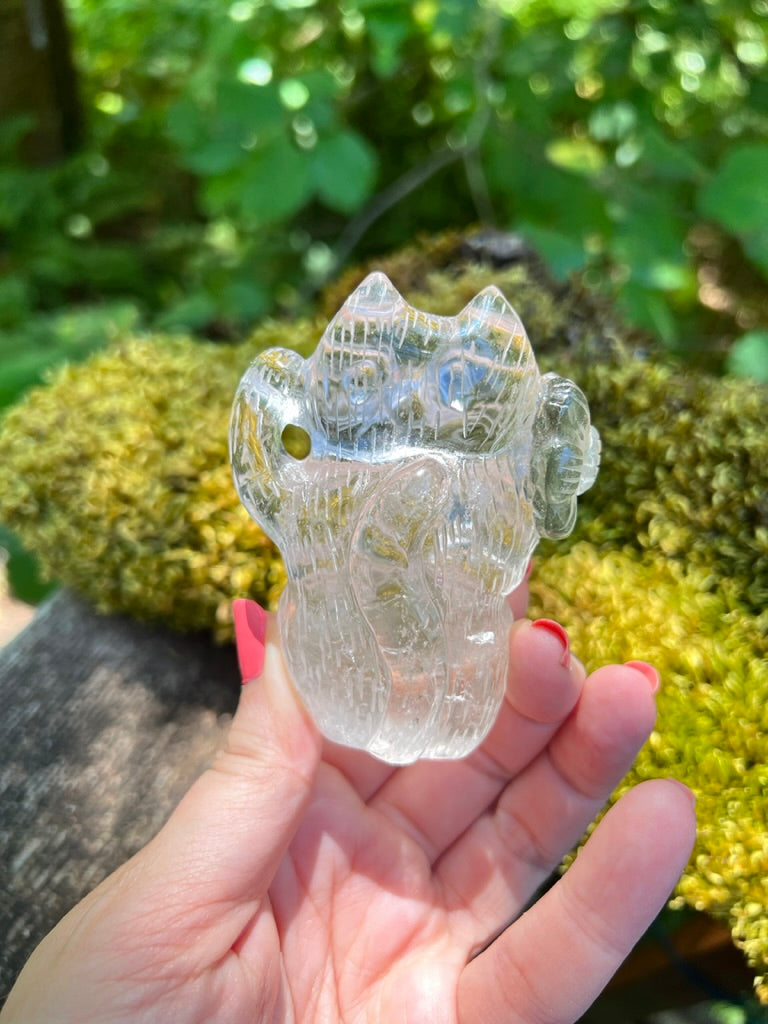 Premium Garden Quartz Flower Lucky Cat, Maneki Neko, Fortune Cat, Clear Quartz Crystal