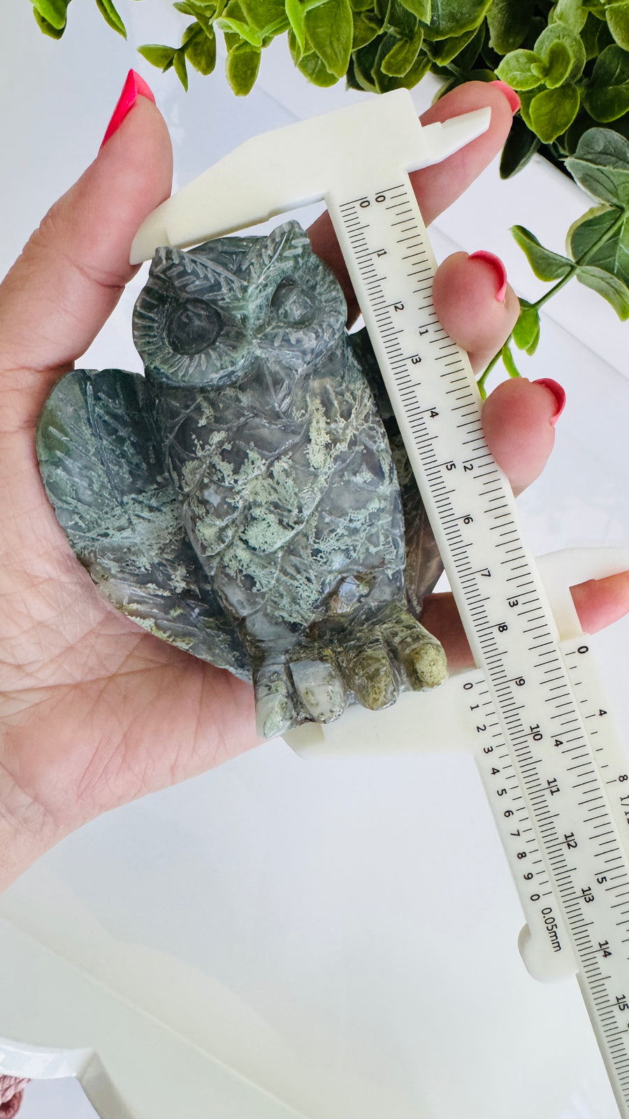 Moss Agate Owl Carving, High Quality 3.5