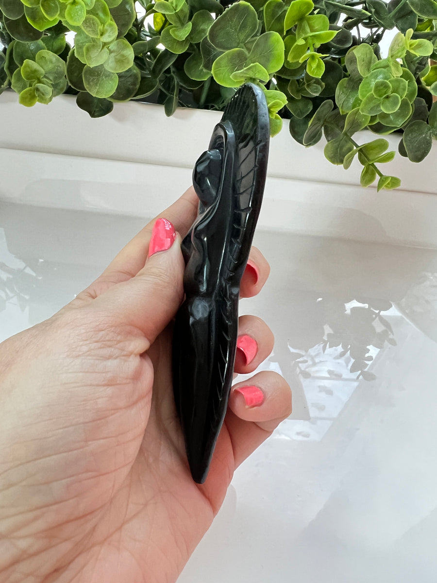 Large Crystal Goddess in Black Obsidian, Aura, Angel, Aztec, Mayan, Moon Goddess Carving