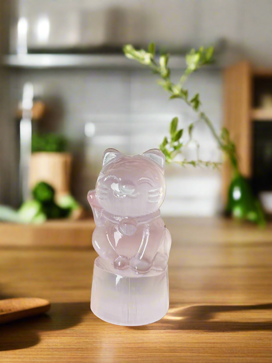 Lucky Cat RIGHT PAW UP in Selenite for Clearing Blocks to Abundance, Maneki Neko, Crystal Fortune Cat, Small