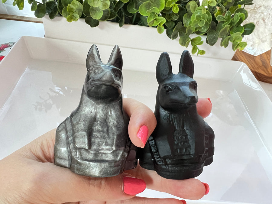 Egyptian Anubis Carving Statue, Black Obsidian or Obsidian with Silver Sheen