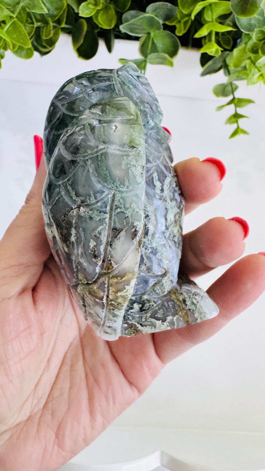 Moss Agate Owl Carving, High Quality 3.5