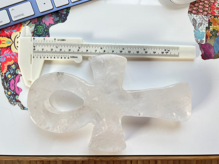 New Design XL Standing Clear Quartz Ankh Cross 7 x 4 Inch, 540 grams