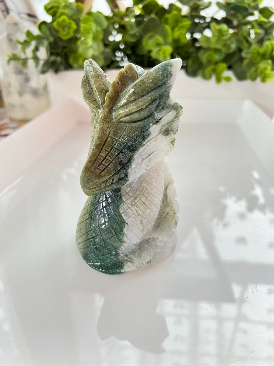 Moss Agate Dragon Bust with Quartz, Crystal Dragon Head