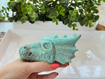 Amazonite with Smoky Quartz Crystal Dragon Skull, 5 Inch Dragon Head