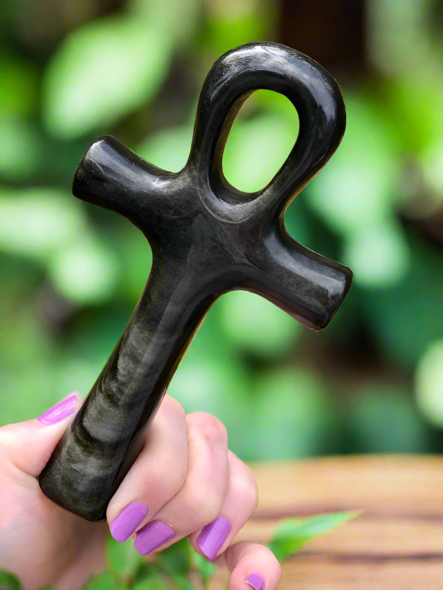Gold Obsidian Ankh for Prospertiy & Power, 6 Inch
