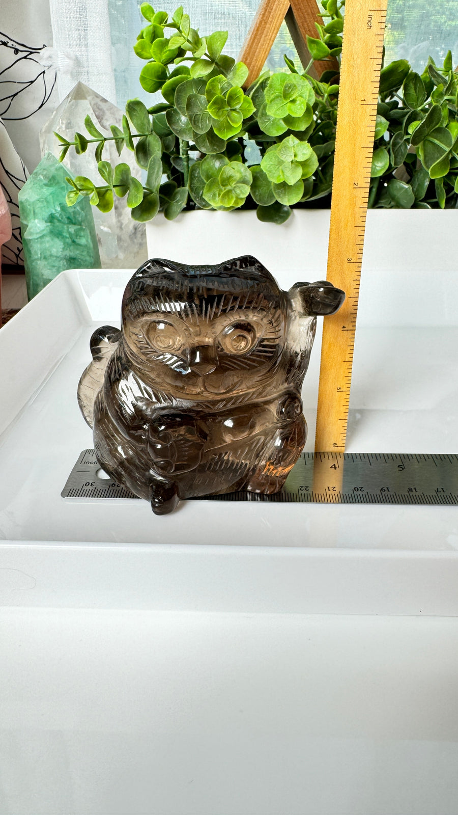 Lucky Cat, Master Carver Gold Rutile Smoky Quartz with Rainbows! Maneki Neko, Crystal Fortune Cat, XL