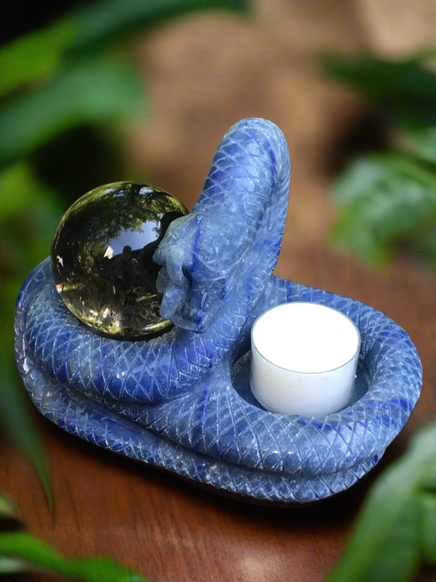Snake Dragon Twin Tea Light Candle Holder, Altar Offering Bowl, Blue Aventurine