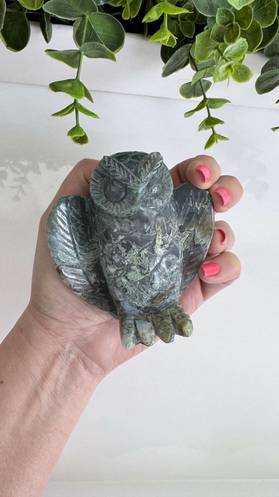 Moss Agate Owl Carving, High Quality 3.5