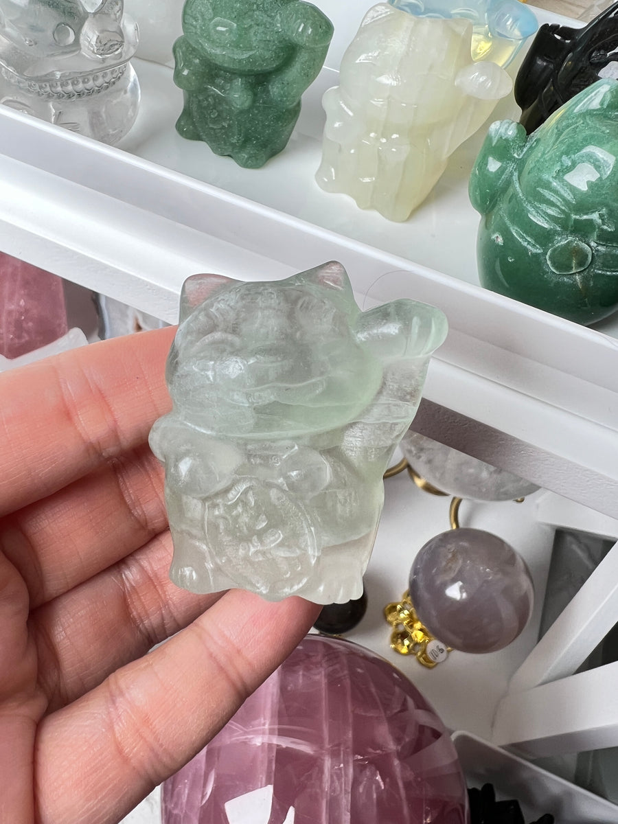 Lucky Cat LEFT PAW UP, Happy Face Style, Maneki Neko, Crystal Fortune Cat, Medium