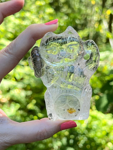 Lucky Cat XL Master Carver, w/Flower in Green Chlorite Garden Quartz, Maneki Neko, Crystal Fortune Cat
