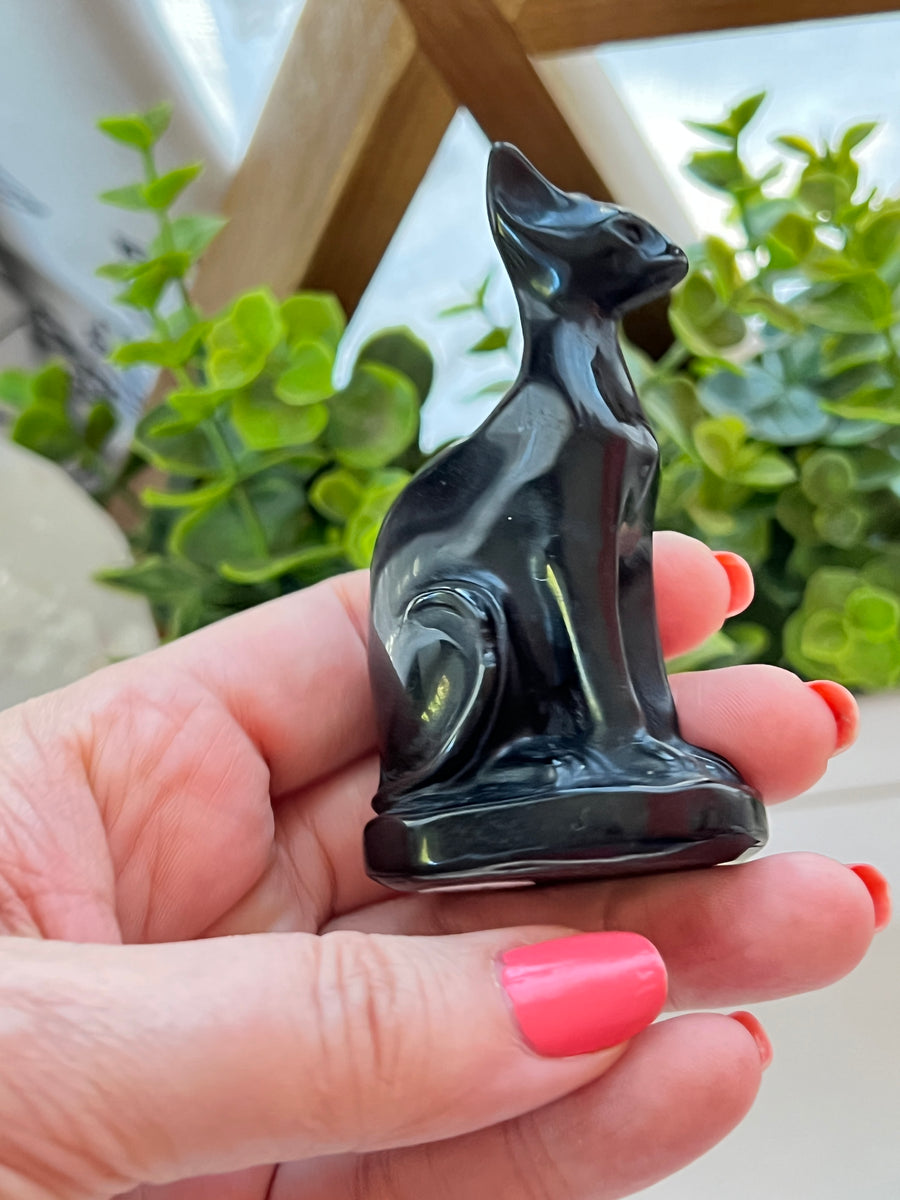 Egyptian Cat Bastet Goddess, Black Obsidian, Choose Size