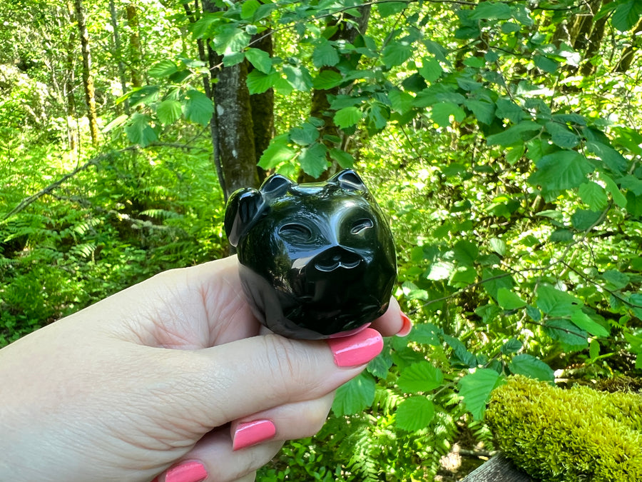 Lucky Cat Sphere Right Paw Up, Black Obsidian, 2 Inch Sphere Carving