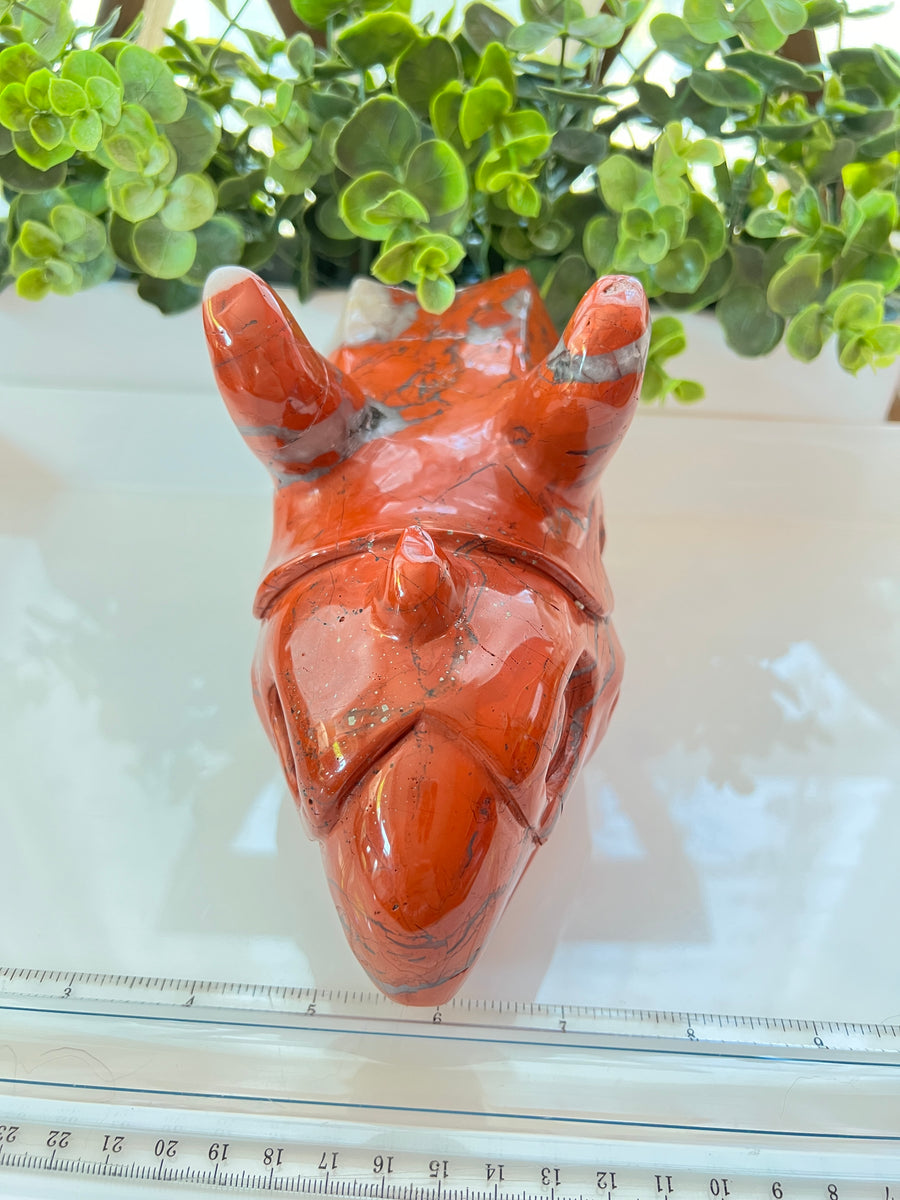 HUGE Red Jasper & Quartz Sacred Dragon Skull, Horned Dinosaur Ceratopsian
