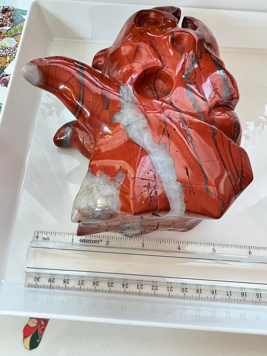 HUGE Red Jasper & Quartz Sacred Dragon Skull, Horned Dinosaur Ceratopsian