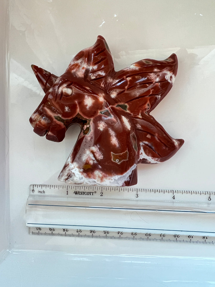 RARE Druzy Ocean Jasper Unicorn Carving, 4 Inches, Red