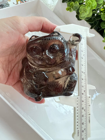 Premium Smoky Rutile Quartz XL Lucky Cat, Maneki Neko, Fortune Cat, Hand Carved One of a Kind