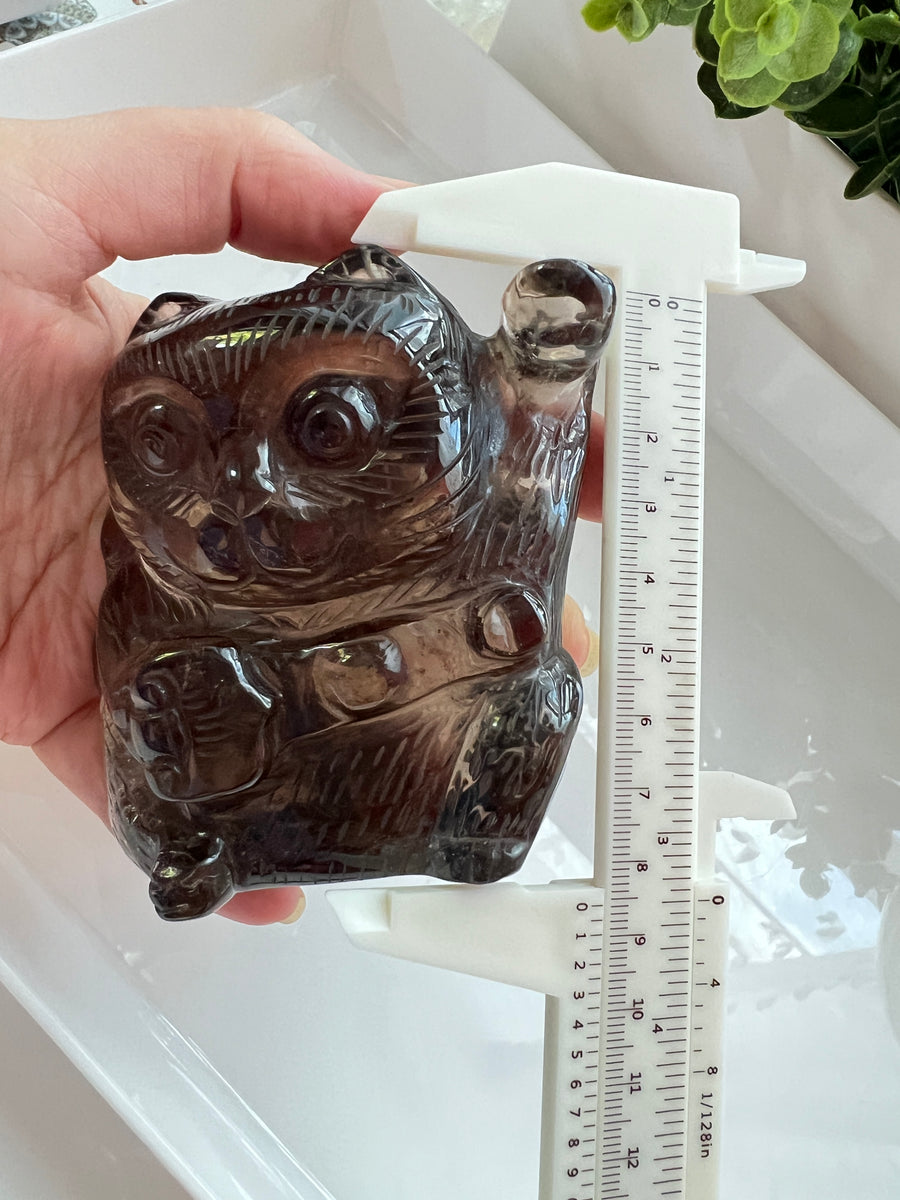 Premium Smoky Rutile Quartz XL Lucky Cat, Maneki Neko, Fortune Cat, Hand Carved One of a Kind