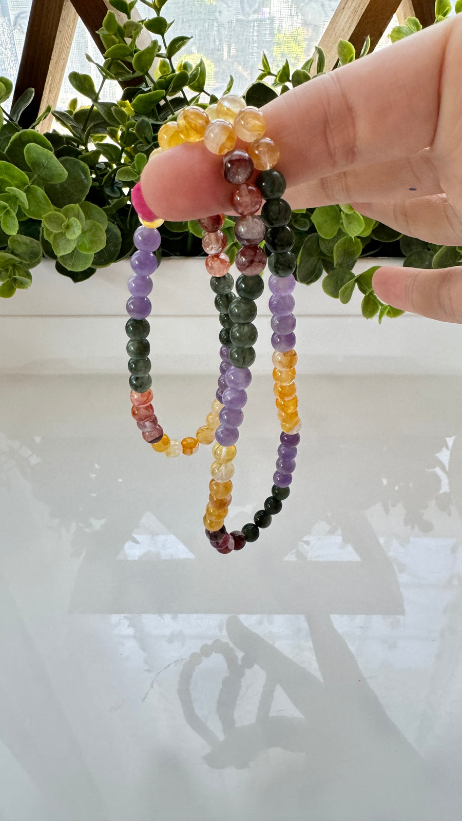 Triple Wrap Bracelet Mix: Amethyst, Moss Agate, Golden Healer, Fire Quartz, 7 mm Bracelet or Stretchy Necklace