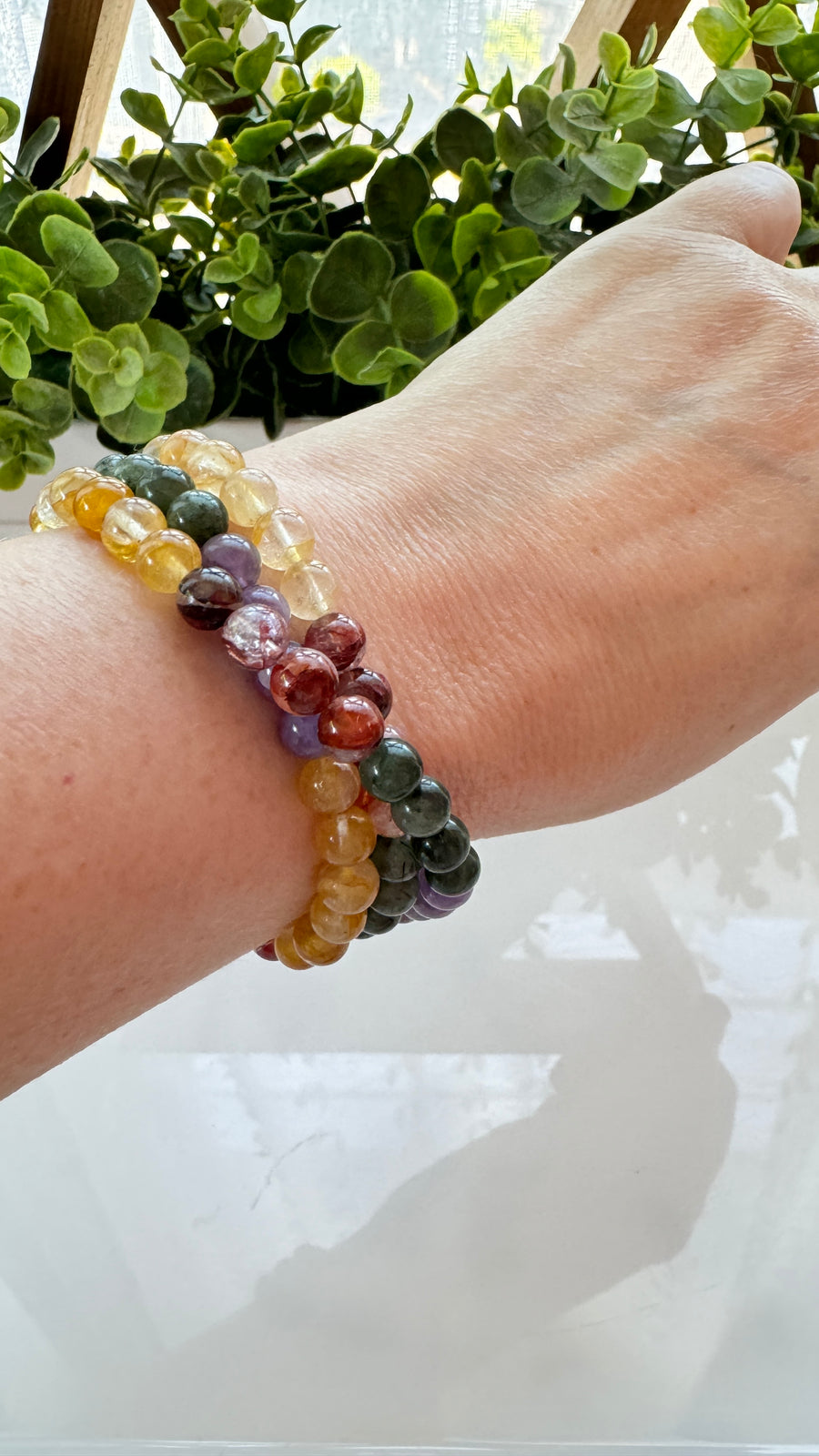 Triple Wrap Bracelet Mix: Amethyst, Moss Agate, Golden Healer, Fire Quartz, 7 mm Bracelet or Stretchy Necklace