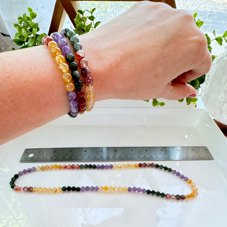 Triple Wrap Bracelet Mix: Amethyst, Moss Agate, Golden Healer, Fire Quartz, 7 mm Bracelet or Stretchy Necklace