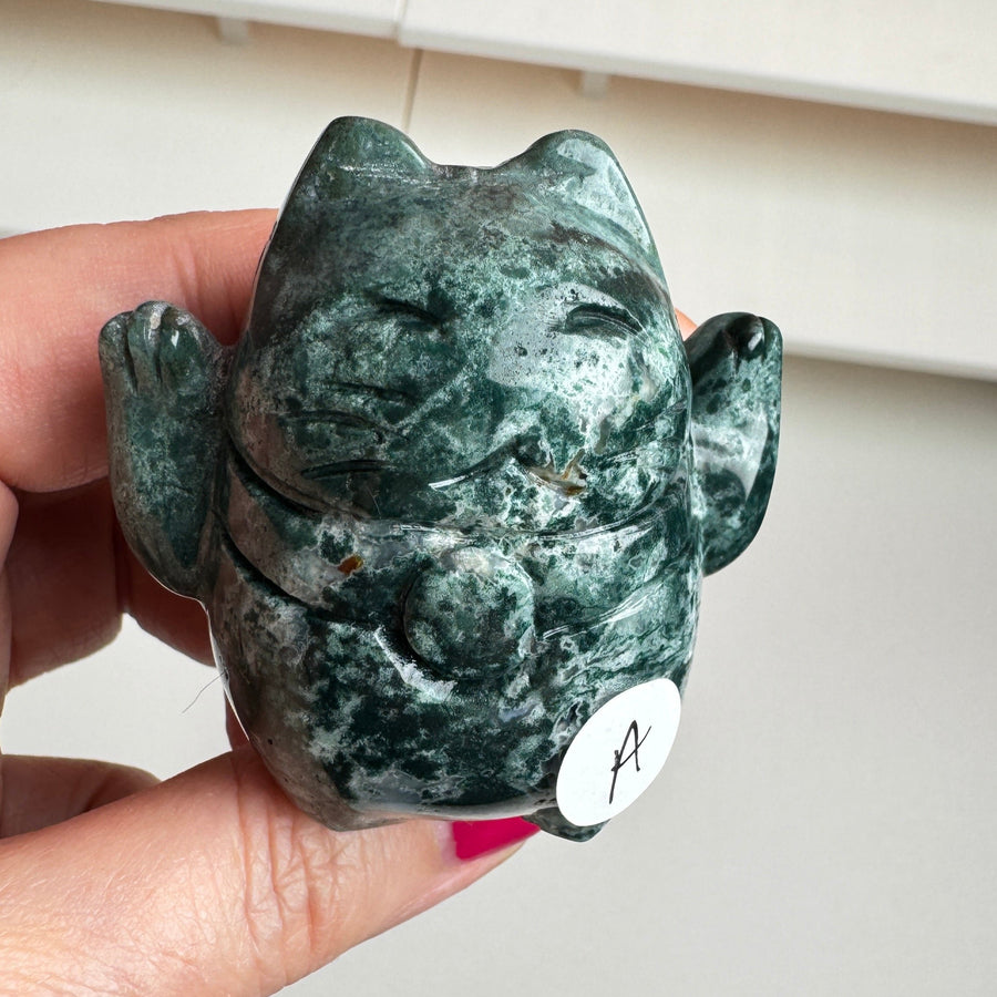 Lucky Cat TWO PAWS UP Moss Agate, Maneki Neko, Crystal Fortune Cat