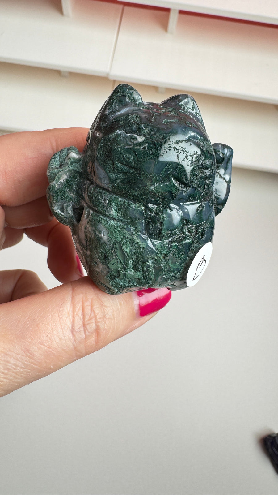 Lucky Cat TWO PAWS UP Moss Agate, Maneki Neko, Crystal Fortune Cat