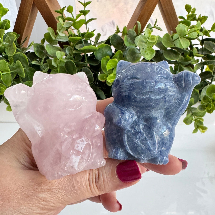 Lucky Cat Large, Rose Quartz or Blue Aventurine, Maneki Neko, Crystal Fortune Cat, Left Paw or Right Paw Up