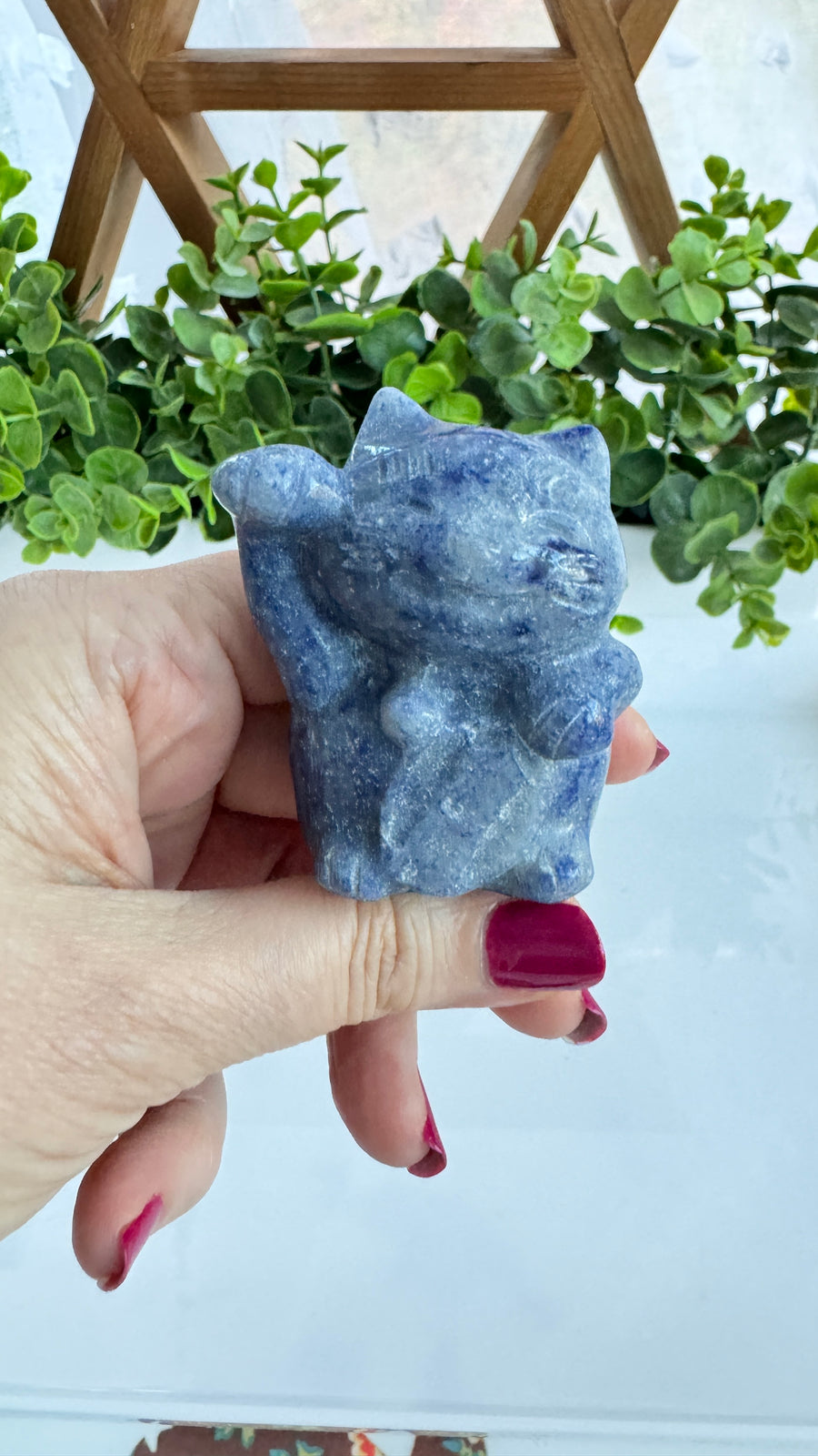 Lucky Cat Large, Rose Quartz or Blue Aventurine, Maneki Neko, Crystal Fortune Cat, Left Paw or Right Paw Up