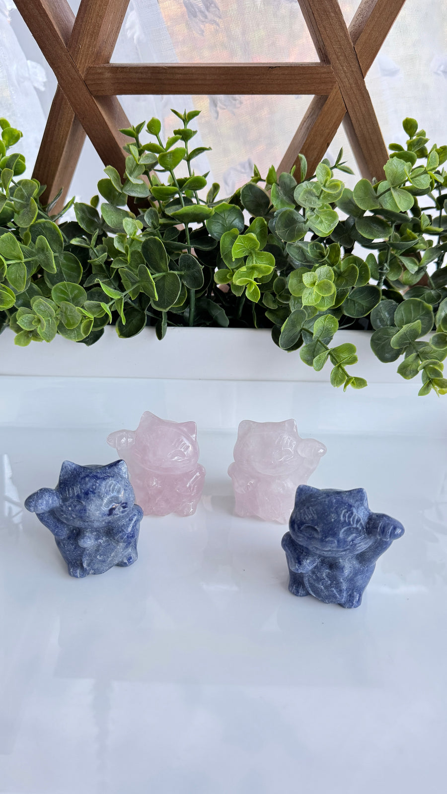 Lucky Cat Large, Rose Quartz or Blue Aventurine, Maneki Neko, Crystal Fortune Cat, Left Paw or Right Paw Up
