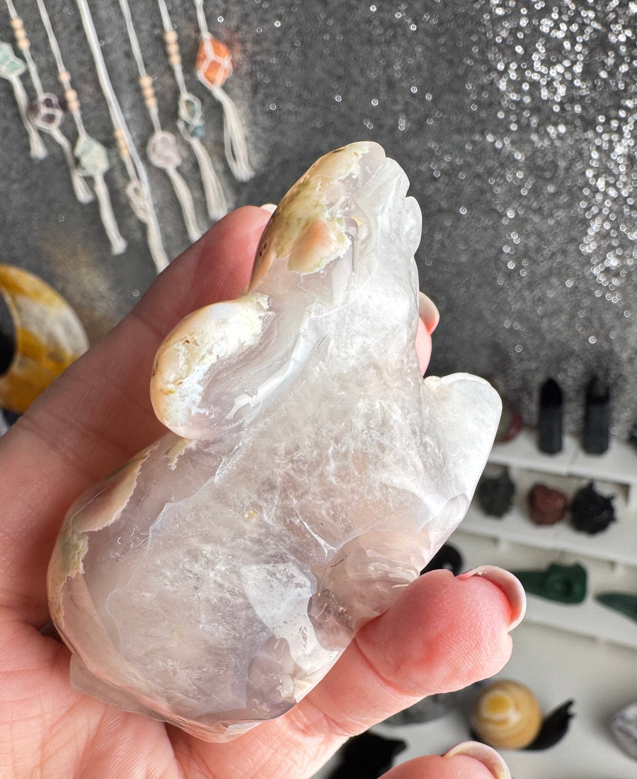 Green Flower Agate and Quartz Bunny Rabbit for New Beginnings, Crystal Carving E
