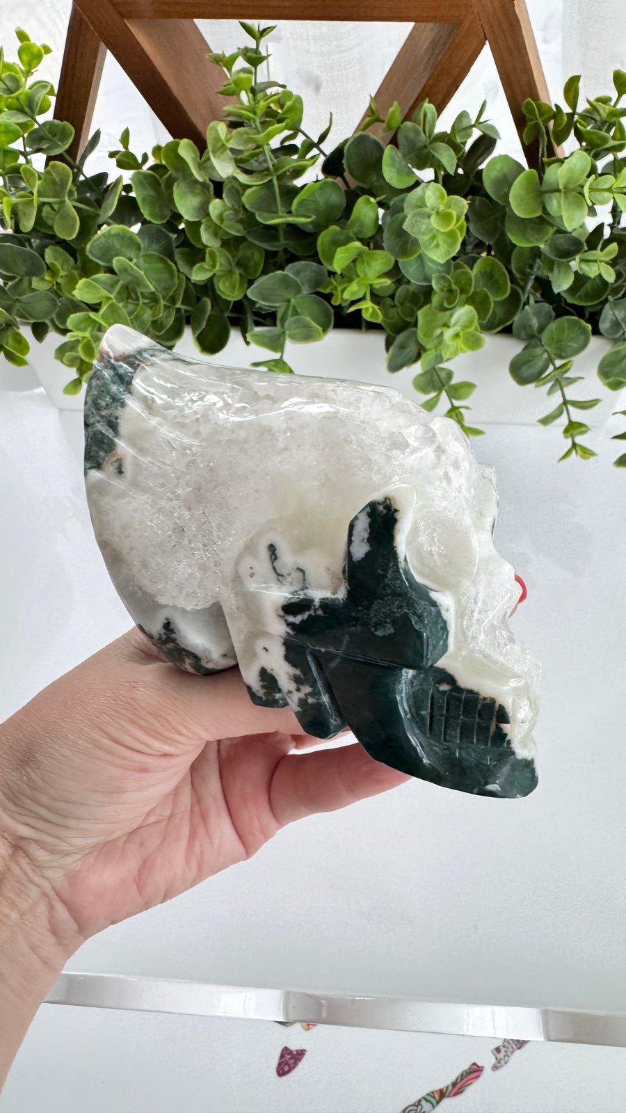 XL Traveler Crystal Skull for Galactic Wisdom, in Moss Agate with Quartz Geode Druzy 5.5