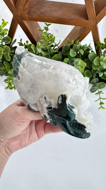 XL Traveler Crystal Skull for Galactic Wisdom, in Moss Agate with Quartz Geode Druzy 5.5