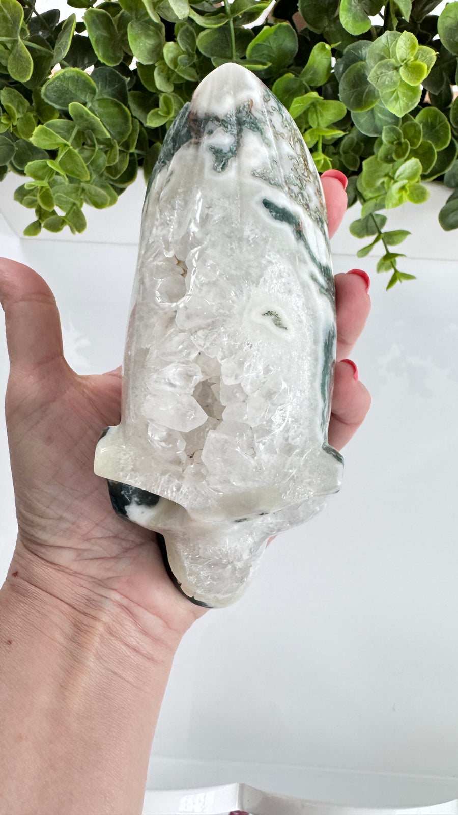 XL Traveler Crystal Skull for Galactic Wisdom, in Moss Agate with Quartz Geode Druzy 5.5