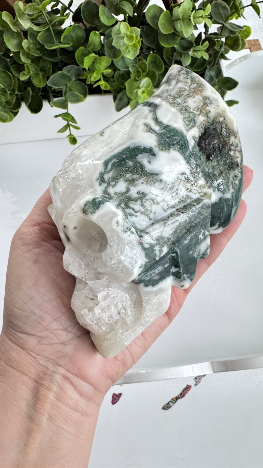 XL Traveler Crystal Skull for Galactic Wisdom, in Moss Agate with Quartz Geode Druzy 5.5