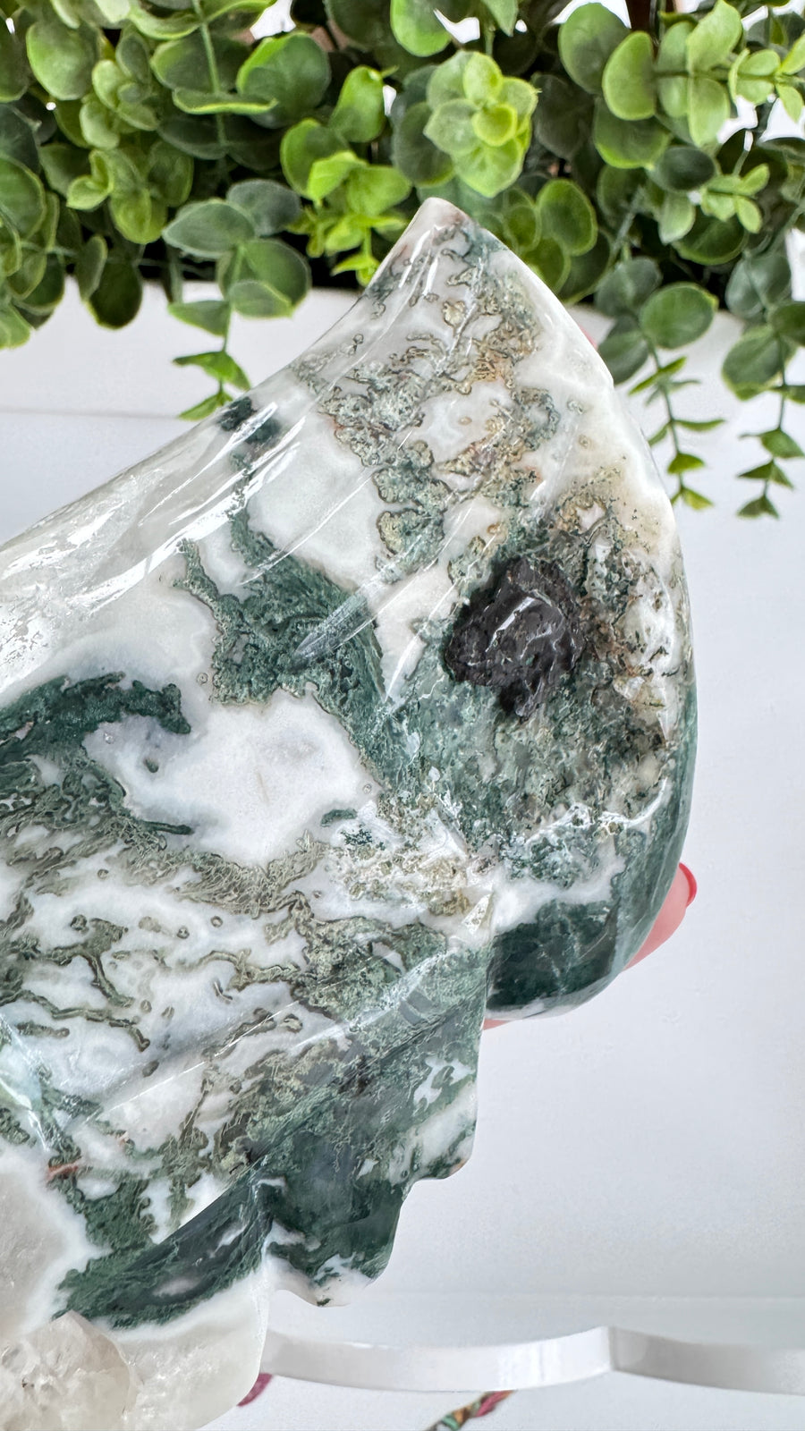 XL Traveler Crystal Skull for Galactic Wisdom, in Moss Agate with Quartz Geode Druzy 5.5