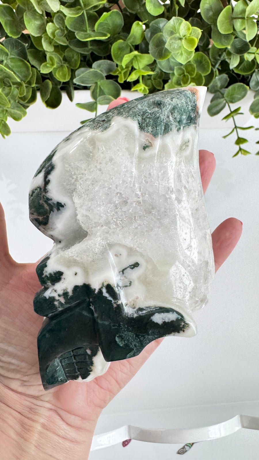XL Traveler Crystal Skull for Galactic Wisdom, in Moss Agate with Quartz Geode Druzy 5.5