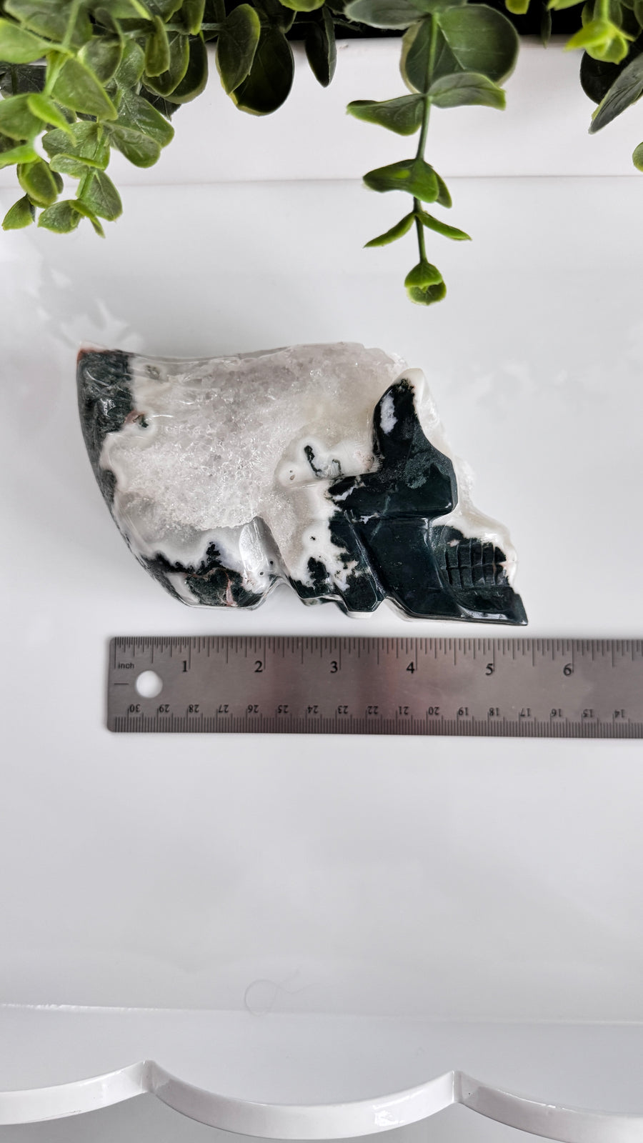XL Traveler Crystal Skull for Galactic Wisdom, in Moss Agate with Quartz Geode Druzy 5.5