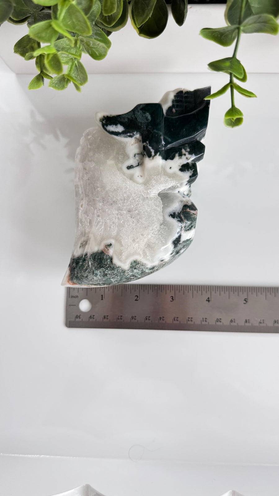 XL Traveler Crystal Skull for Galactic Wisdom, in Moss Agate with Quartz Geode Druzy 5.5
