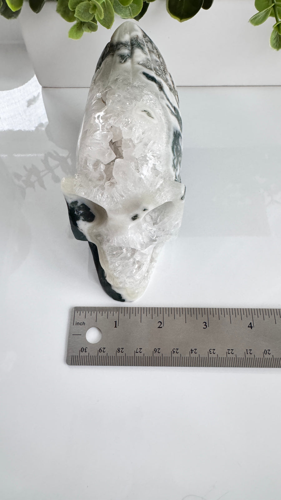 XL Traveler Crystal Skull for Galactic Wisdom, in Moss Agate with Quartz Geode Druzy 5.5