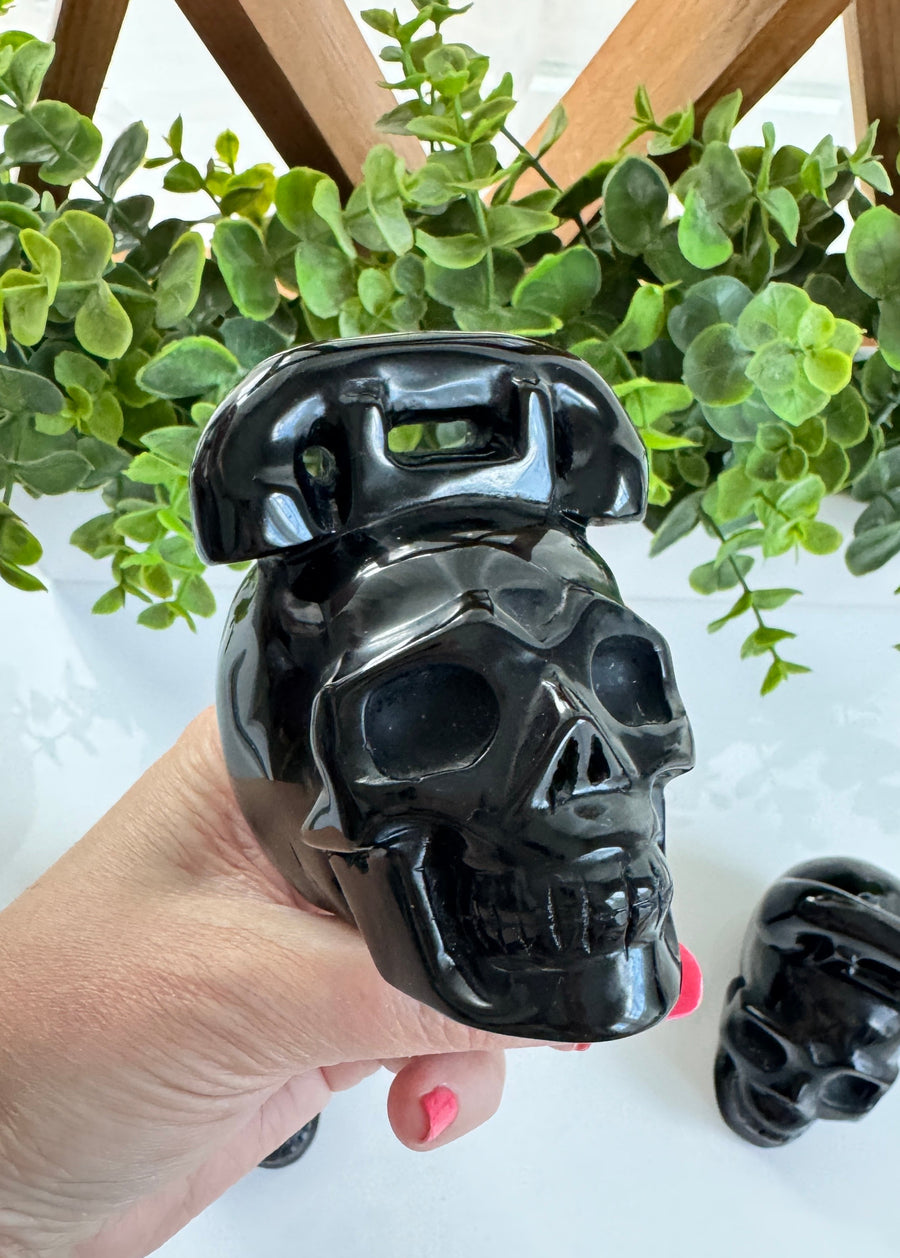 Obsidian Crystal Skull for Divination with Telephone Humor, Medium 3.5