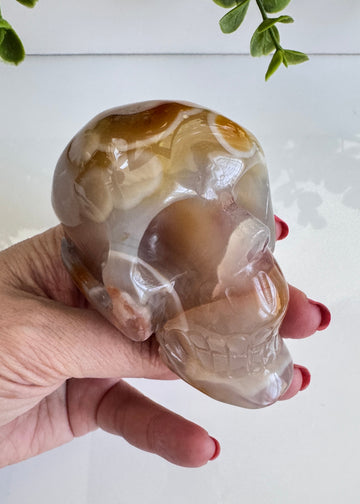 Carnelian Flower Agate Crystal Skull for Grounded Action, approx 3