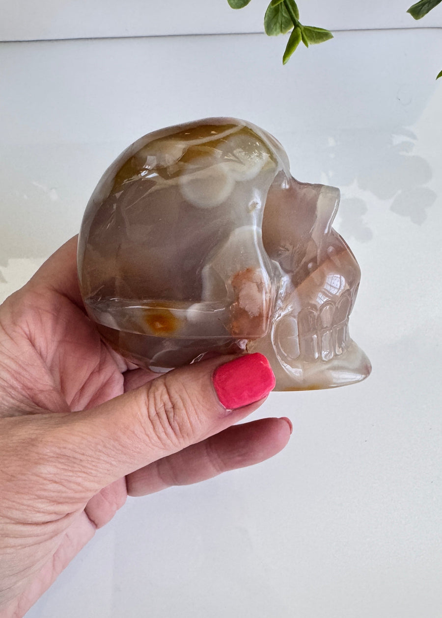 Carnelian Flower Agate Crystal Skull for Grounded Action, approx 3