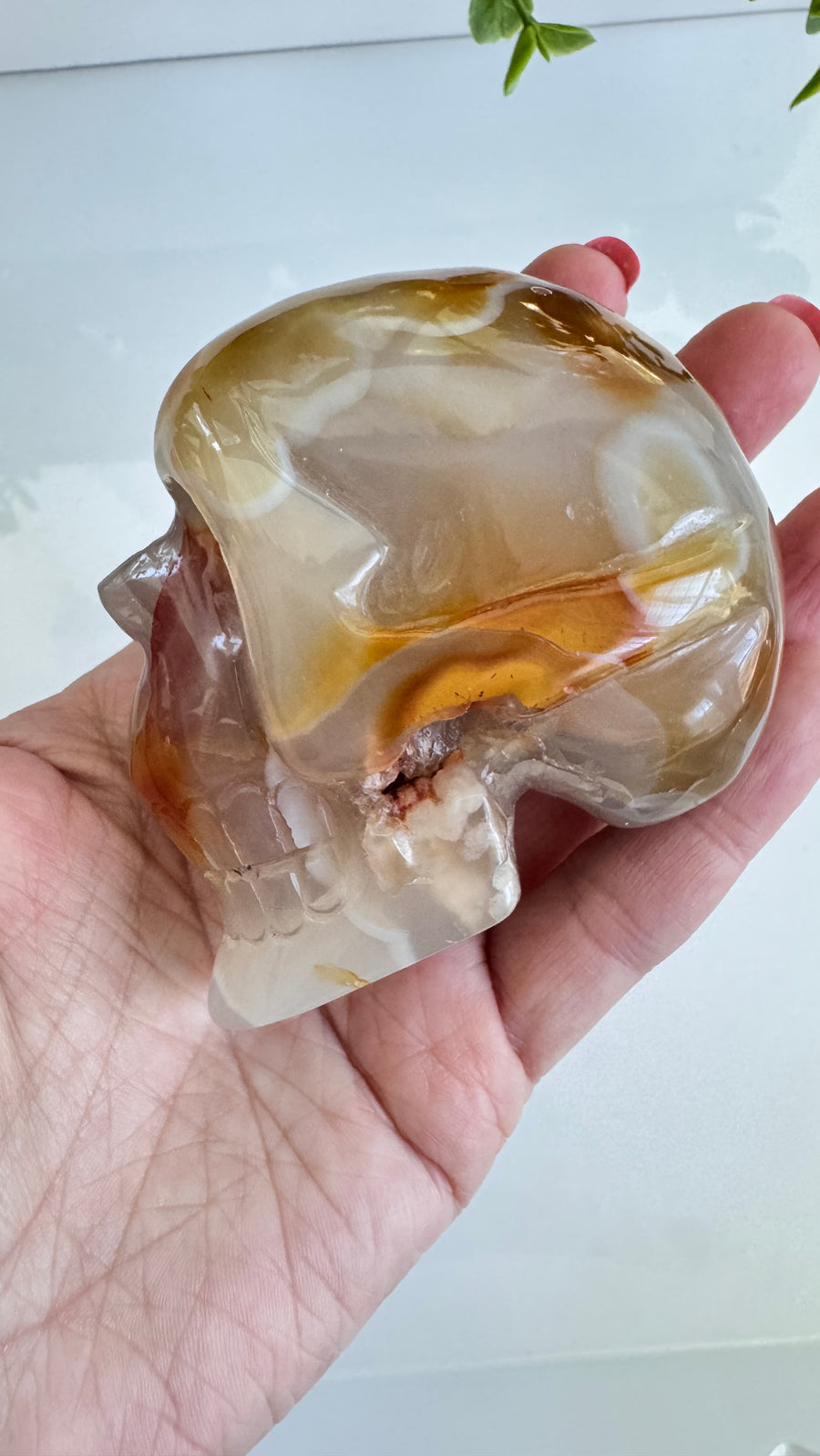 Carnelian Flower Agate Crystal Skull for Grounded Action, approx 3